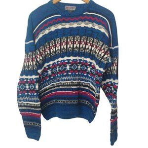 Vintage 90s Mache Men M Oversized Sweater Pullover Textured Knit Geometric Blue